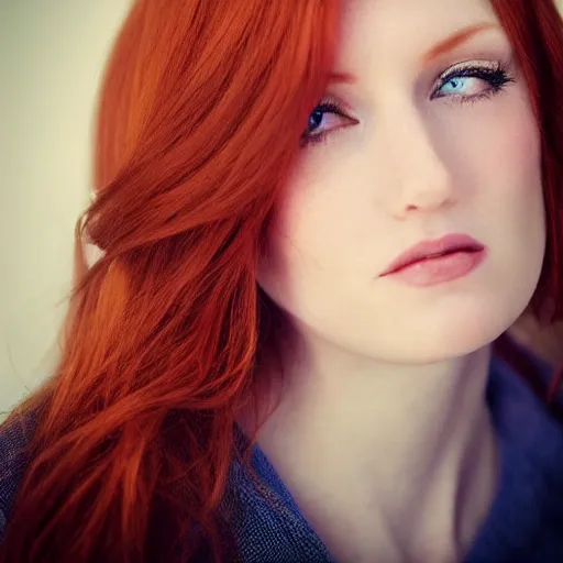 Prompt: very beautiful redhead woman looking back over her shoulder, eye contact, hyper realistic