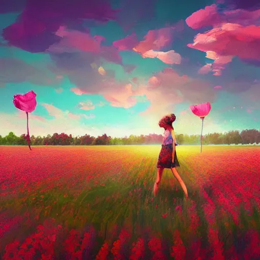 Image similar to rose face, girl floating in a flower field, surreal photography, sunrise dramatic light, impressionist painting, colorful clouds, digital painting, artstation, simon stalenhag