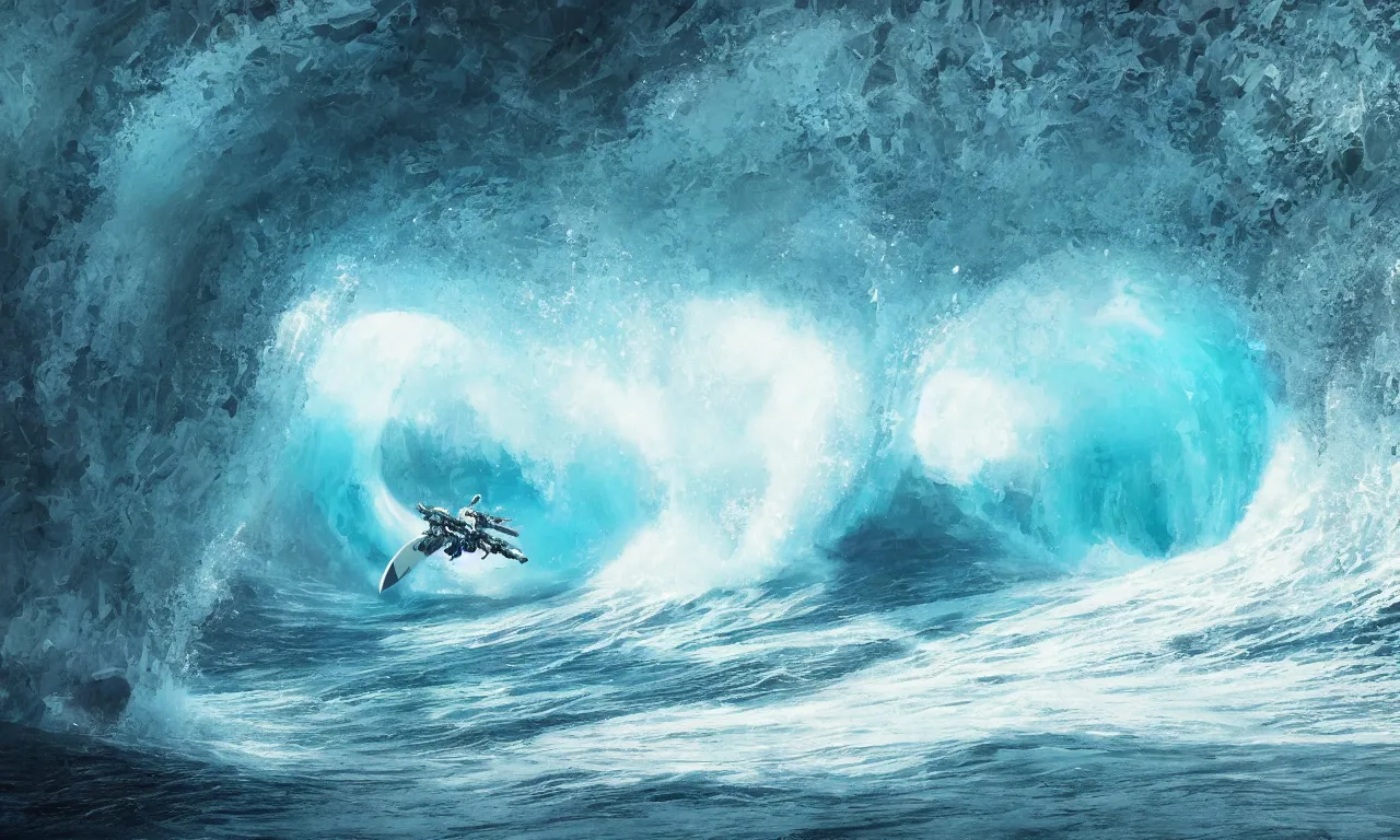 Prompt: giant mecha surfing a big wave inside the tunnel, by Jessica Rossier, slow motion, refractions, summer