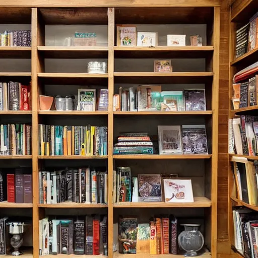 Image similar to a shelf of cookbooks in a house with large windows in the middle of the woods, photograph