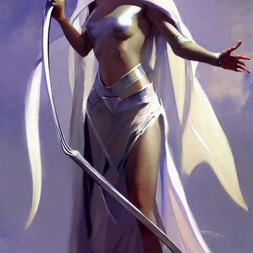 Image similar to greg manchess painting of queen of zokra, silver white hair, long gown, sorceress sword, soft lighting, trending on artstation, by huang guangjian and gil elvgren and sachin teng