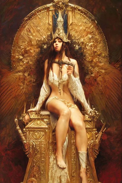 Prompt: full body portrait of seraphim queen sitting on her bone throne, highly detailed painting by gaston bussiere, craig mullins, j. c. leyendecker, 8 k, mid shot