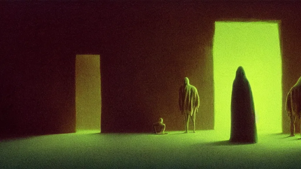 Prompt: we fell through the floor, it glows bright, film still from the movie directed by denis villeneuve and david cronenberg with art direction by zdzisław beksinski and dr. seuss