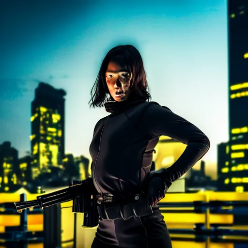 Image similar to photographic portrait of a techwear woman holding a shotgun, holding shotgun down, closeup, on the rooftop of a futuristic city at night, sigma 85mm f/1.4, 4k, depth of field, high resolution, full color, award winning photography, inspired by Kill Bill, inspired by John Wick, inspired by Die Hard, movies with guns, movie firearms