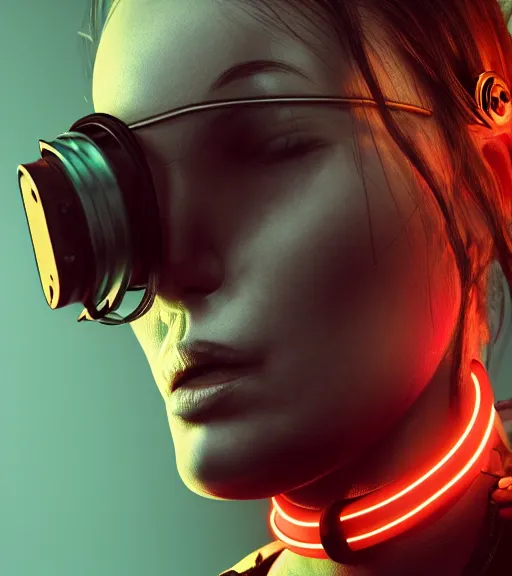 Image similar to detailed realistic female character cyberpunk wearing thick steel collar around neck, realistic, art, beautiful, 4K, collar, choker, collar around neck, punk, artstation, detailed, female, woman, choker, cyberpunk, neon, punk, collar, choker, collar around neck, thick collar, tight around neck, punk,