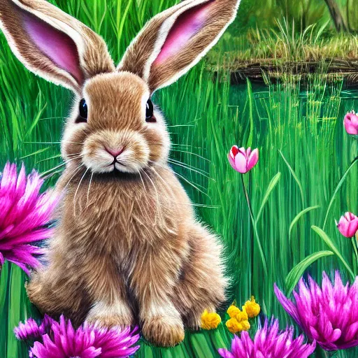 Prompt: cute fluffy tan lop eared bunny rabbit sitting in forest landscape with pond and flowers and reeds detailed painting 4k