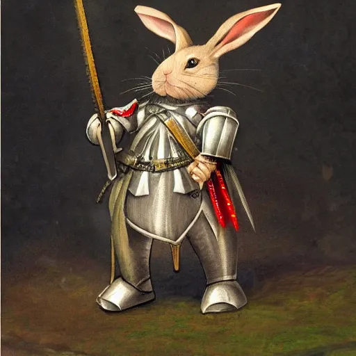 Prompt: a rabbit knight weilding sharp swords for muder