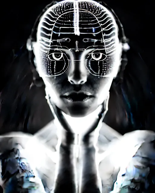 Image similar to black and white dreamy spiritual connected young female cyborg high quality photo, microchip, artificial intelligence, bio - mechanical bio - luminescence, black wired cables, neurons, nerve cells, cinematic, rim light, photo - realistic, elegant, high detail, 8 k, masterpiece, high fashion