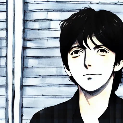 Image similar to anime illustration of young Paul McCartney from the Beatles, wearing a blue and white check shirt, silver sports watch, in front of shophouses in Singapore, relaxing and smiling at camera, white clouds, ufotable