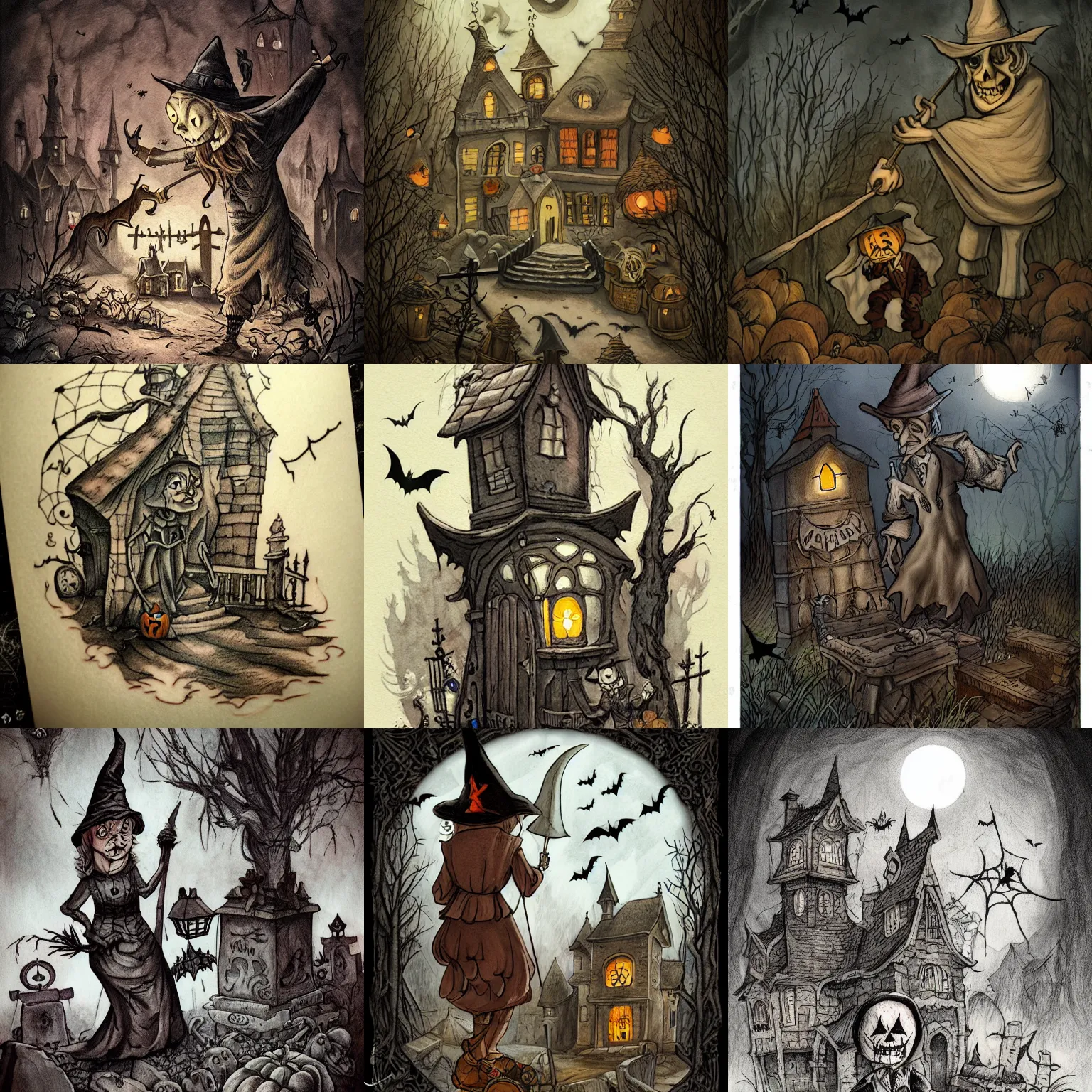 Prompt: halloween tattoo on white paper by anton pieck, cartoon witch in graveyard at midnight, intricate, extremely detailed, digital painting, artstation, concept art, smooth, sharp focus, illustration, intimidating lighting, incredible art,