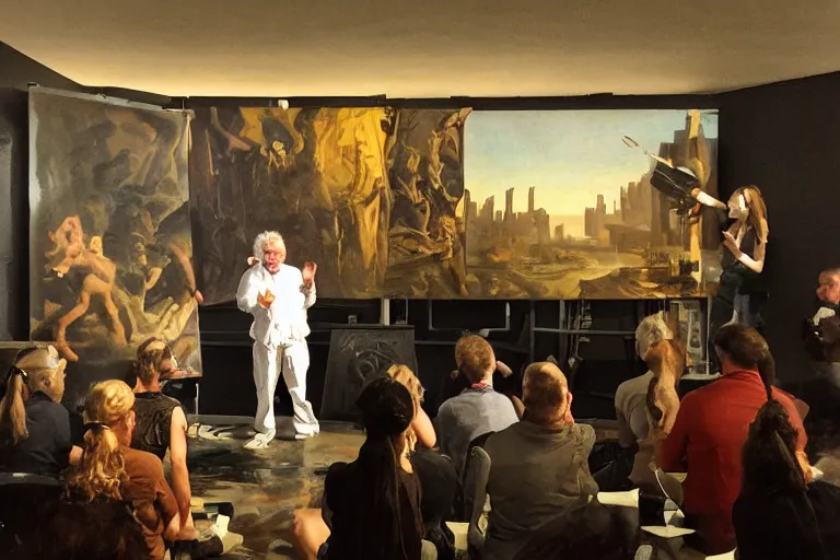 Prompt: mad scientist david shorey giving a presentation in los angeles to a group of eccentric creative engineers, painting in the style of joseph wright of derby