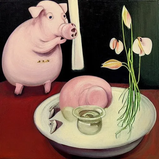 Prompt: “a portrait in an art student’s apartment, a feminine pig in a bubble bath, pork, ikebana white flowers, white wax, squashed berries, acrylic and spray paint and oilstick on canvas, by munch and Dali”
