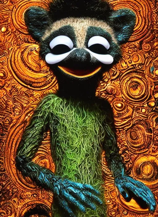 Prompt: portrait of humanoid raccoon surfer made of mycelium and iridescent scales, amanita muppet punk, basil wolverton, r crumb, hr giger, dali