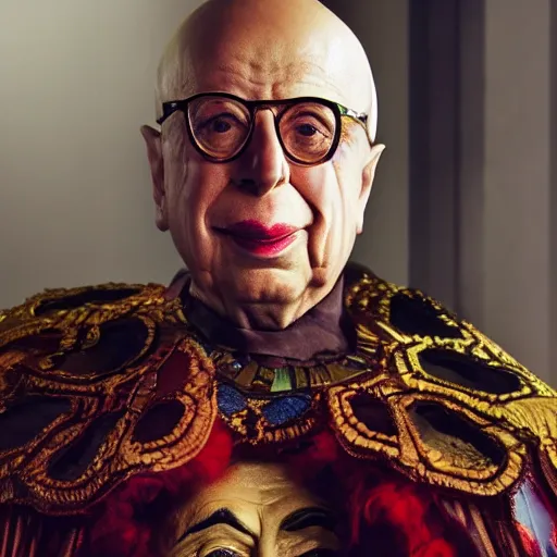 Image similar to UHD candid color photo of Klaus Schwab dressed as dystopian emperor, wearing accurate clown makeup, accurate face, UHD, photorealistic, correct face, photo by Annie Leibowitz