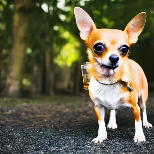 Prompt: a chihuahua drinking beer, professional photography