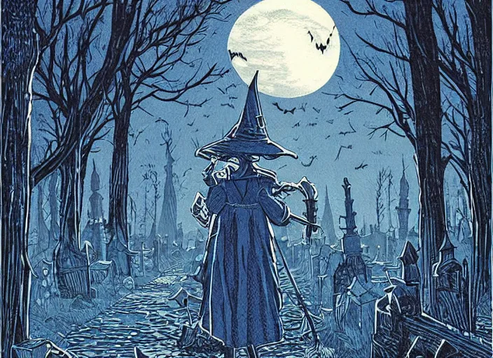 Prompt: blue woodcut print, cartoon halloween witch in graveyard at midnight by greg rutkowski, fine details, highly detailed