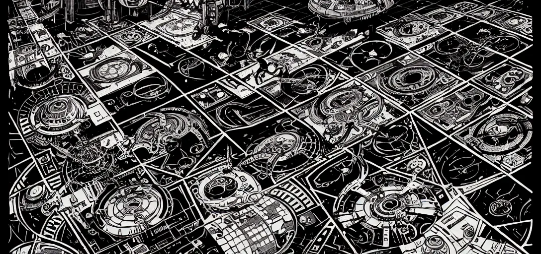 Prompt: cyberpunk steampunk tiled floor, 1 - point perspective, high details, bold line art, by vincent di fate and joe fenton, inking, screen print, masterpiece, trending on artstation, sharp, high contrast, hyper - detailed,, hd, 4 k, 8 k
