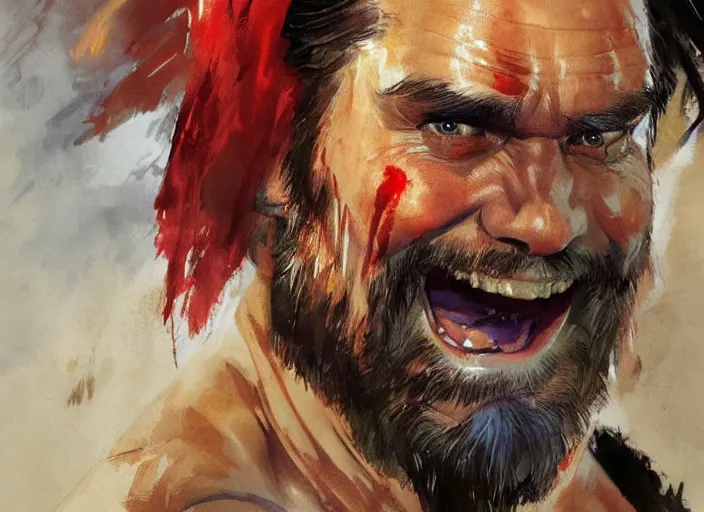 Image similar to a highly detailed beautiful portrait of jim carrey as kratos, by gregory manchess, james gurney, james jean