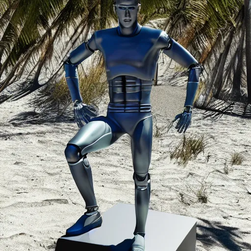 Image similar to a realistic detailed photo of a guy who is an attractive humanoid who is half robot and half humanoid, who is a male android, football player christian mccaffrey, shiny skin, posing like a statue, blank stare, by the beach, on display