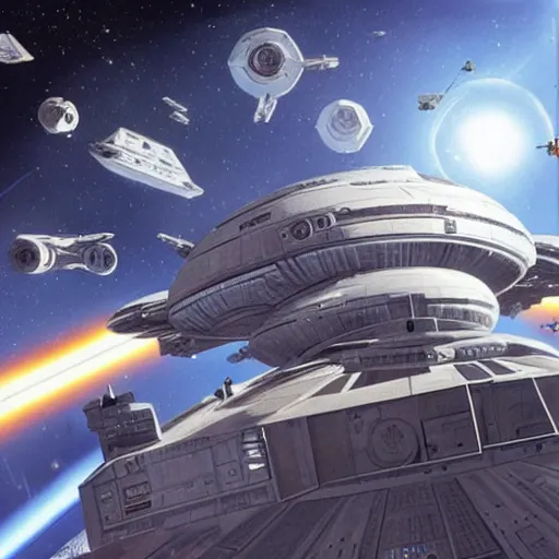 Prompt: giant megastructure in space, ships docking, star wars 1 9 7 0 s concept art