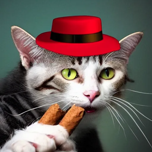 Prompt: cat with red eyes and a hat while holding a gun and smoking a cigar