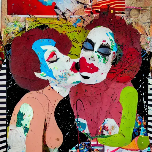 Image similar to two women kissing at a carnival in your worst nightmares, mixed media collage, retro, paper collage, magazine collage, acrylic paint splatters, bauhaus, abstract claymation, layered paper art, sapphic visual poetry expressing the utmost of desires by jackson pollock