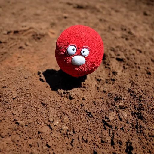 Prompt: photo of a ball of dirt with tiny legs, round blue eyes, a red clown nose, and a cute smile, creature made of dirt and soil