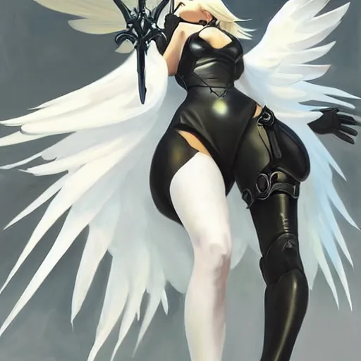 Image similar to greg manchess painting of a 2 yorha type a no. 2 as mercy from overwatch!!, white long hair, large white wings, organic painting, trending on artstation, by huang guangjian and gil elvgren and sachin teng