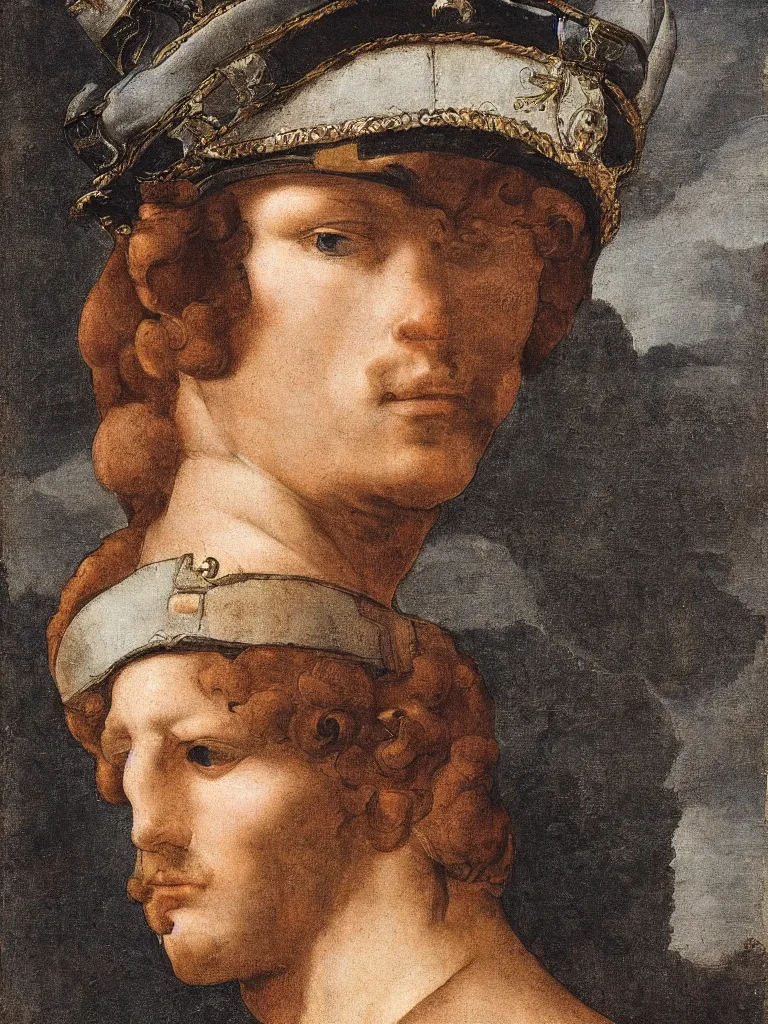 Image similar to portrait of a soldier wearing a crown by michelangelo