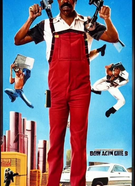 Image similar to an 8 0's john alvin action movie poster starring eddie murphy face as a plumber to rich people. bathroom. overalls. tool belt. the movie is called beverly hills crap