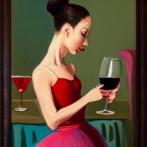 Image similar to painting of a ballerina drinking wine in a teal room, red background