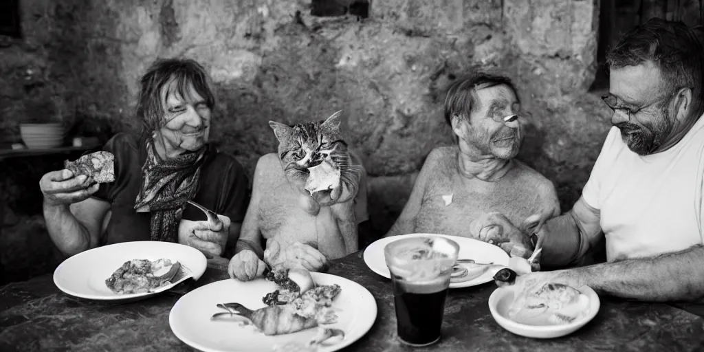 Prompt: cat sharing mortadella with his happy owner at a trullo house, photoreal, 3 5 mm, award winning photography