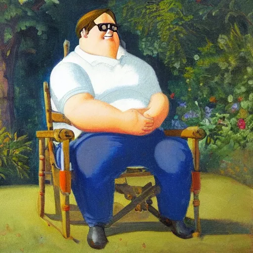 Image similar to romanticist painting of Peter Griffin sitting on a lawn chair in a backyard, oil on canvas, elegant,