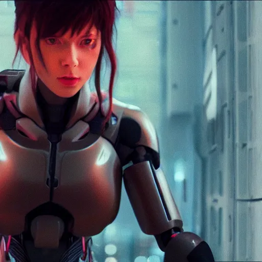 Image similar to film still of a female cyborg in new ghost in the shell sequel, cinematic lighting, high resolution, 4 k - w 6 4 0