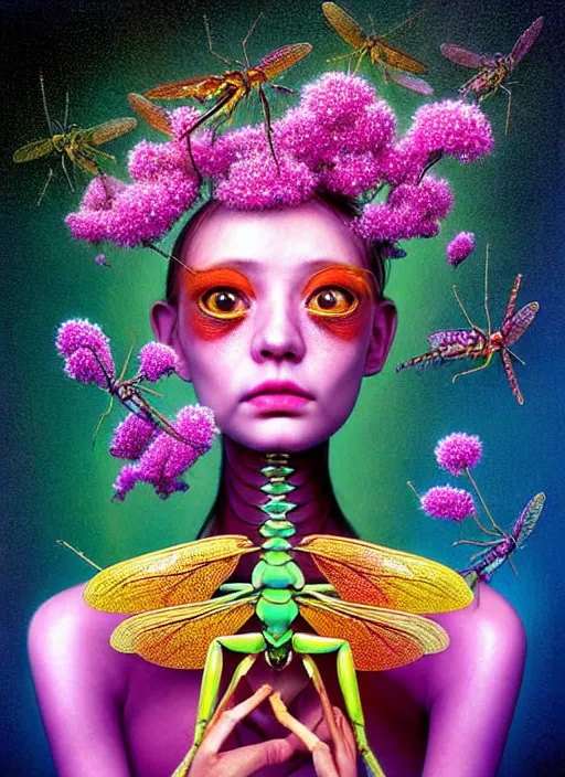 Prompt: hyper detailed 3d render like a Oil painting - kawaii portrait Aurora (gold haired Singer Praying Mantis Dragonfly bug faced) seen Eating of the Strangling network of yellowcake aerochrome and milky Fruit and Her compund eyes delicate Hands hold of gossamer polyp blossoms bring iridescent fungal flowers whose spores black the foolish stars by Jacek Yerka, Mariusz Lewandowski, Houdini algorithmic generative render, Abstract brush strokes, Masterpiece, Edward Hopper and James Gilleard, Zdzislaw Beksinski, Mark Ryden, Wolfgang Lettl, hints of Yayoi Kasuma, octane render, 8k