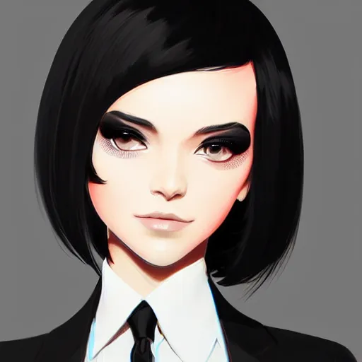 Image similar to beautiful slim cruel business girl in tuxedo with black bob hair, elegant, 2d, ultra highly detailed, digital painting, smooth, sharp focus, artstation, trending on artstation, art by Ilya Kuvshinov