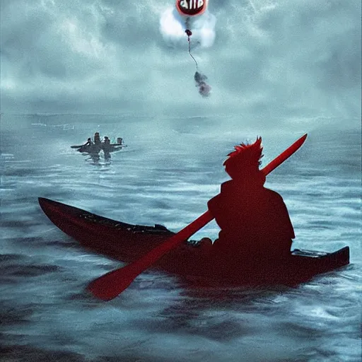 Image similar to pennywise the clown fighting darth vader on a kayak, photo, hyperrealistic, star wars, it