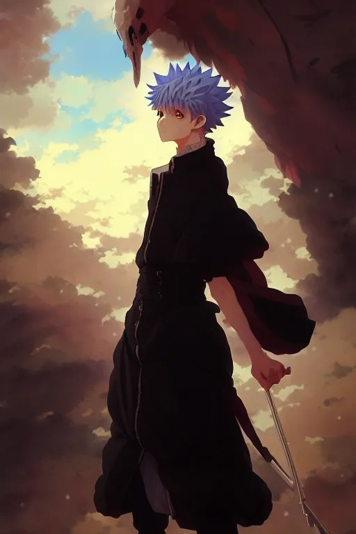 Image similar to baroque oil painting full body portrait character concept art, anime key visual of killua zoldyck studio lit directed gaze, trending on pixiv fanbox, painted by greg rutkowski makoto shinkai takashi takeuchi studio ghibli