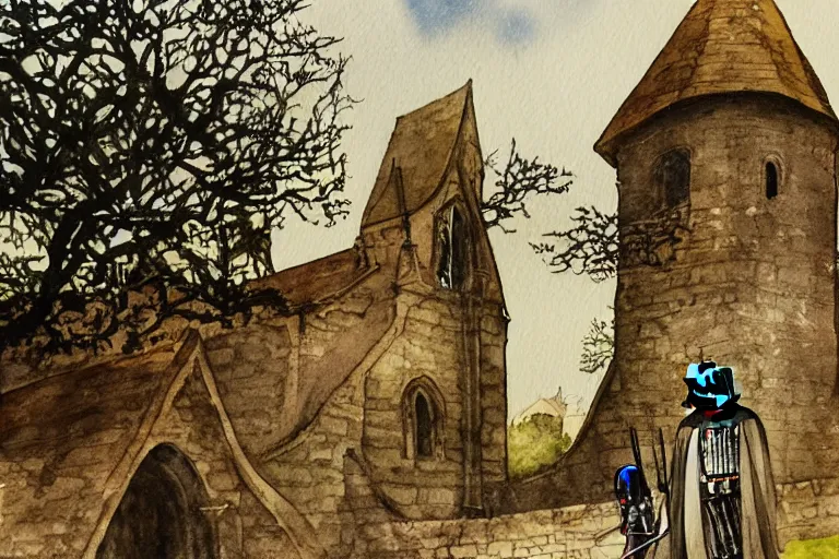 Prompt: a detailed watercolor painting of darth vader leaving a medieval church in a quaint english village, landscape, trees