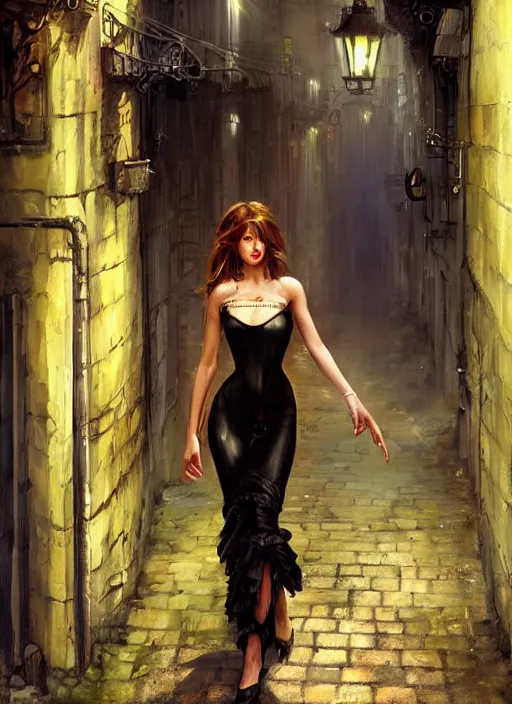 Prompt: a beauty woman walking on a dark city alley, full body, 8 k, hyperrealistic, hyperdetailed, fantasy portrait by laura sava