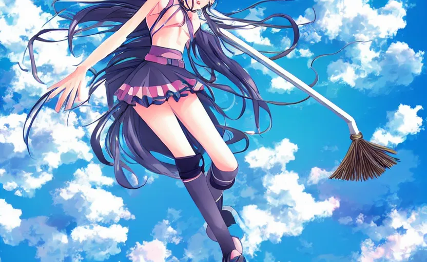 Prompt: an anime girl flying through the sky on a magical broomstick, manga art