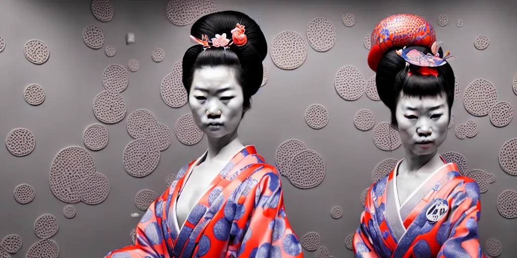 Image similar to hyperrealistic detailed image of a geisha in a art installation room, hd smooth interior by yayoi kusama, part by kei mieno, part by ross tran, dark art by james jean, ultra realistic, highly detailed, life like face, detailed body, 8 k, 3 d render by roger magrini, masterpiece