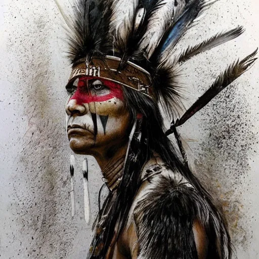 Image similar to A Native American warrior, war paint, realistic, concept art, sharp focus, 8k high definition, insanely detailed, intricate, elegant, art by Guy Denning