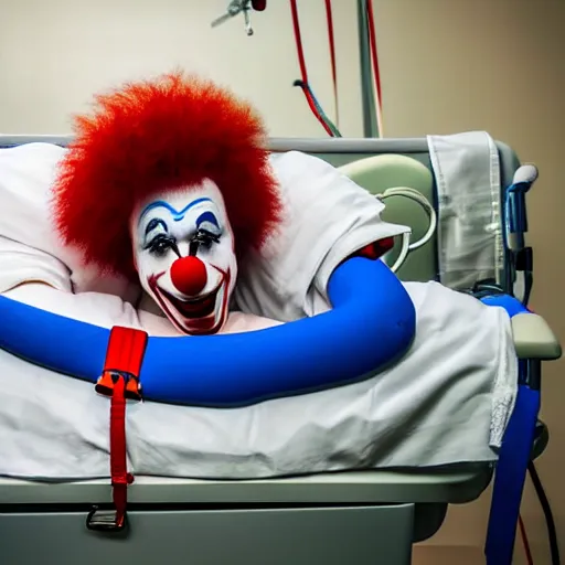 Image similar to crazy clown strapped in hospital bed with wrist restraints on, restraints have fabric straps attached to hospital bed, photograph, 8 k