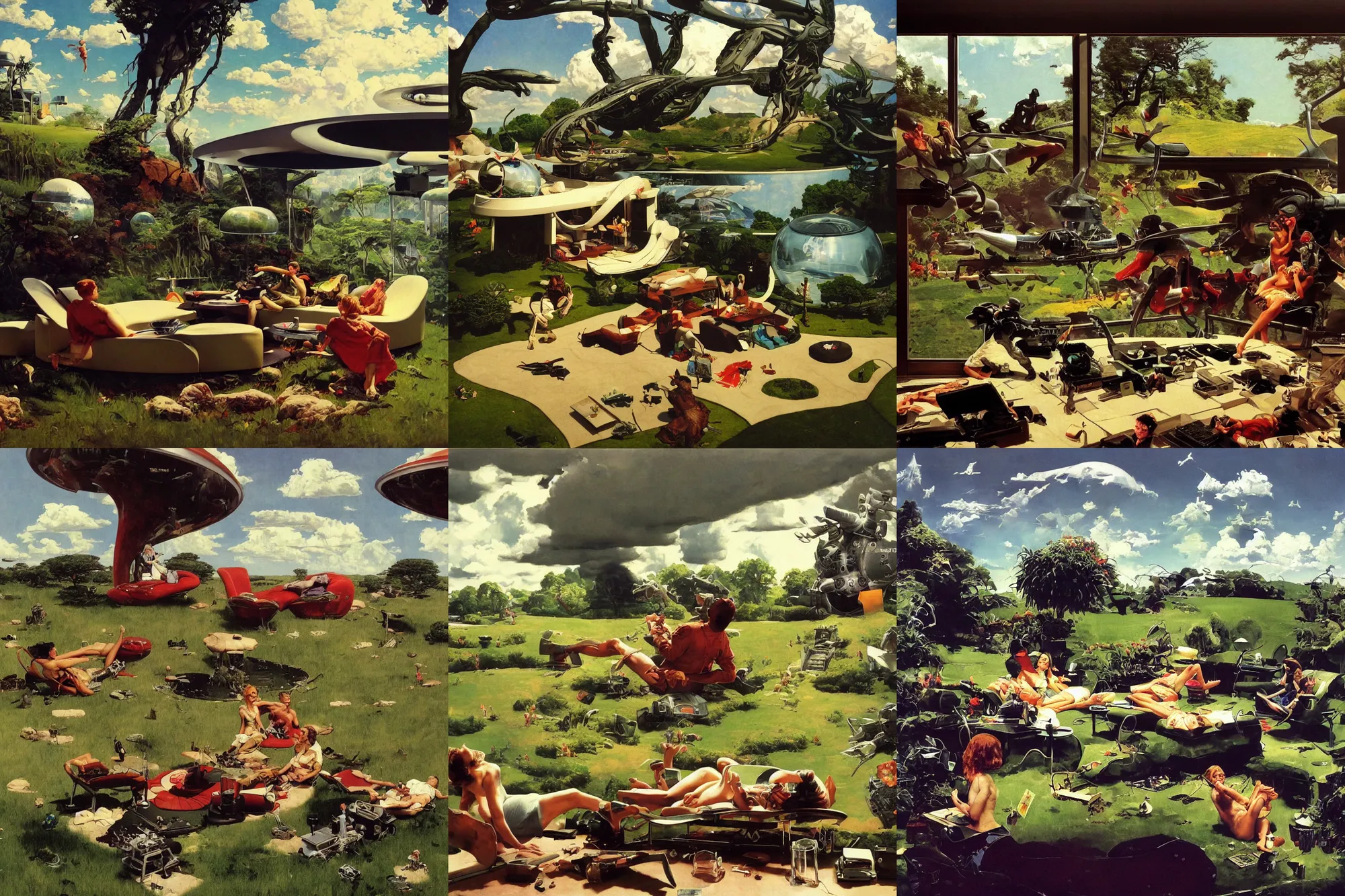 Prompt: highly detailed photo depicting a!! diorama sculpture!! depicting a!! futuristic lounge room!! on the edge of a meadow with billowing clouds. by norman rockwell, frank frazetta, and syd mead. rich colors, high contrast, gloomy atmosphere. trending on artstation.