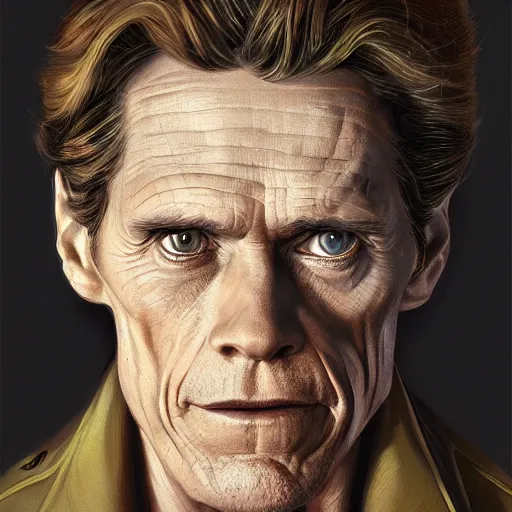 Image similar to william dafoe, portrait, in the style of alex ross, 2 d, 4 k, unreal, intricate, digital painting, highly detailed, artstation, sharp focus, illustration,