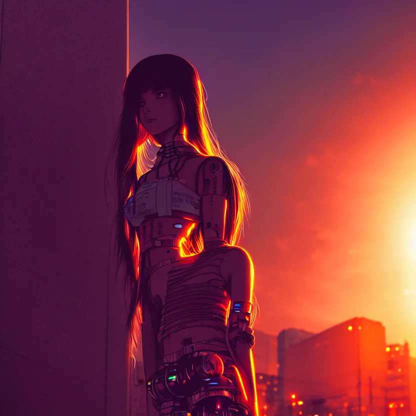 Image similar to a photo close up cyberpunk cyborg girl stands in a cyberpunk hiroshima, prefecture streets, sunset, photorealistic, cinematic lighting, very detailed, style by tomino - sama