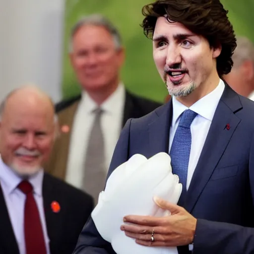 Image similar to justin trudeau. he is wearing a bikini. world leaders meeting,