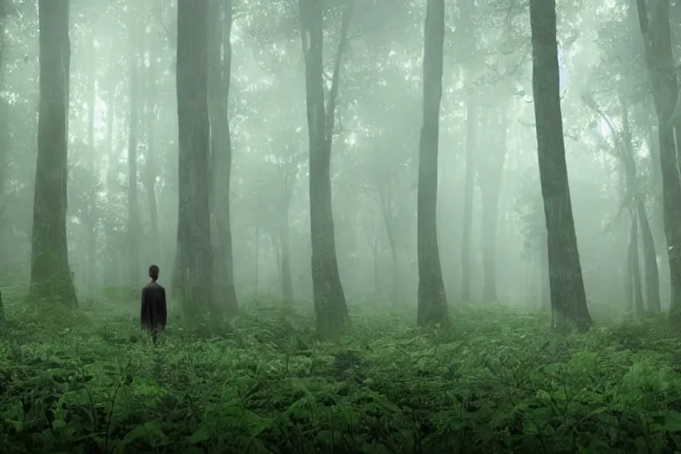 Image similar to a complex organic fractal 3 d ceramic humanoid megastructure in a lush forest, foggy, cinematic shot, photo still from movie by denis villeneuve