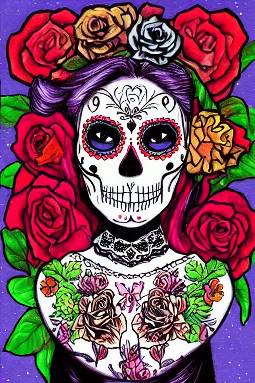 Prompt: Illustration of a sugar skull day of the dead girl, art by mike worall